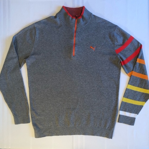 Puma Other - Puma Gray Fine Gage 1/4 Zip PullOn Sweater w/Colorful Stripe Sleeve Accent Sz L